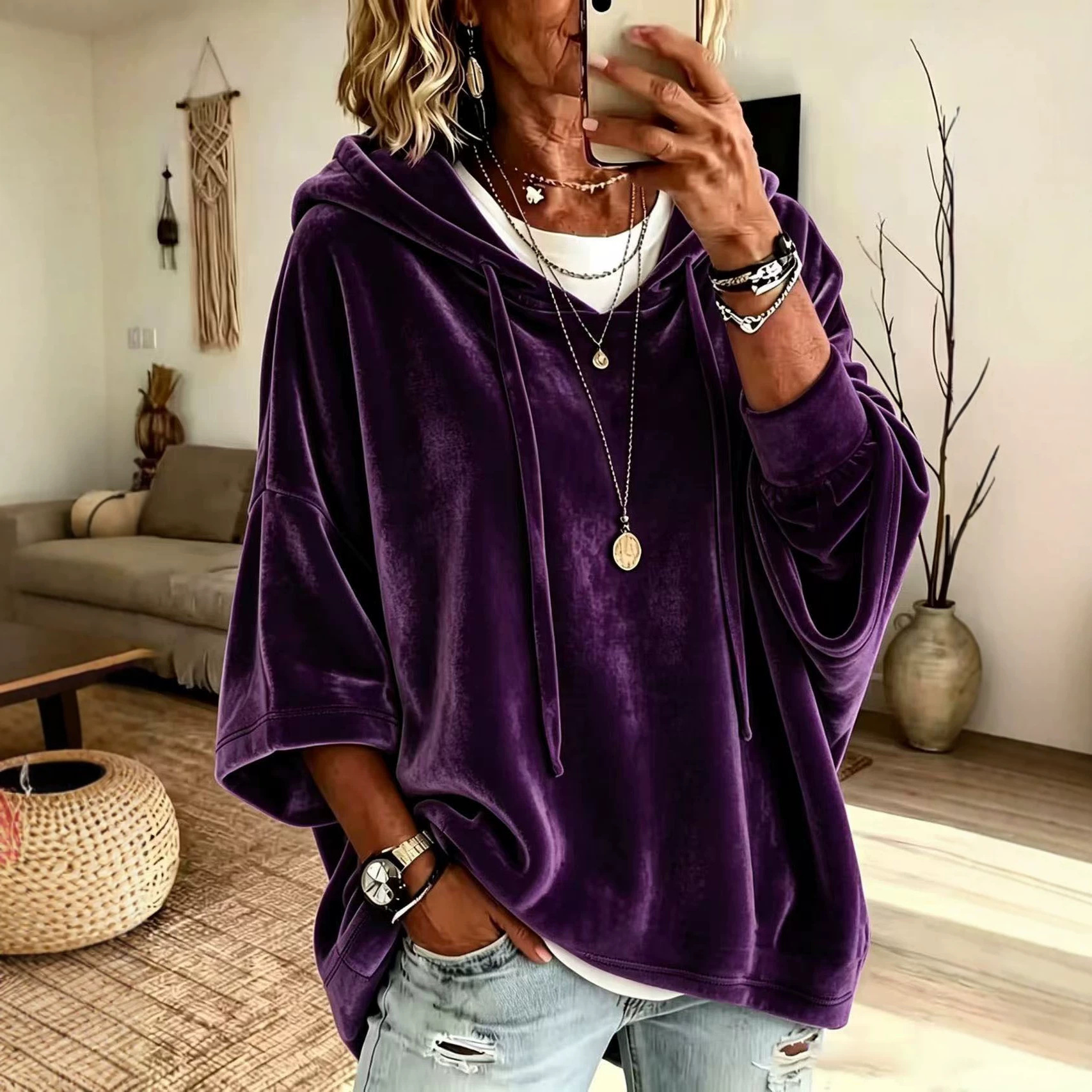 New European And American Amazon Cross-Border Autumn Winter Women's Solid Color Casual Gold Velvet Hooded Sweatshirt Top — image 10 of 13