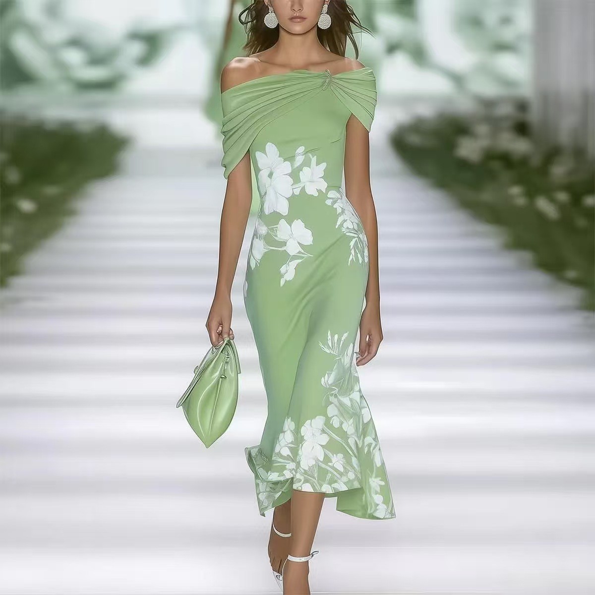 European And American Fashion New Cross-Border Hot-Selling Off-Shoulder Printed Slim-Fit Dress Summer New Style Elegant Bodycon Dress