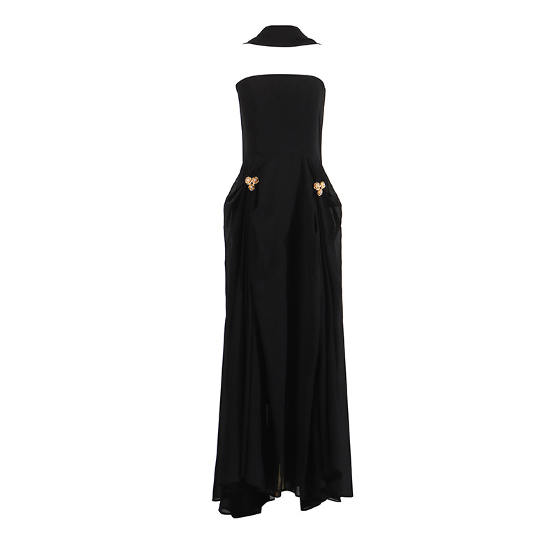 Black Lace Bodice Twist-Waist Midi Evening Dress