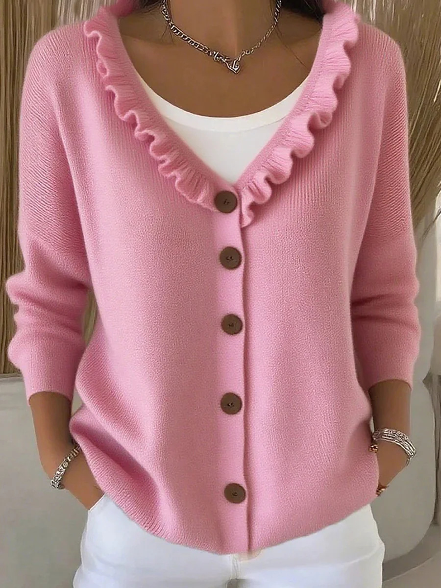 Women Solid V-Neck Knit Cardigan Fall New Casual Fashion