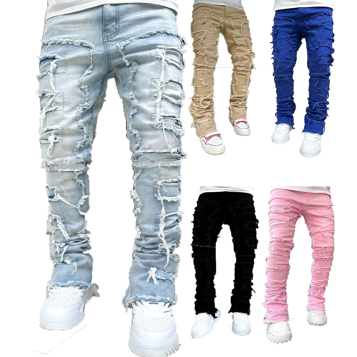 Cross-Border New Men's Denim Straight Pants European And American Street Fashion Ins Popular Stretch Patch Denim Straight Pants