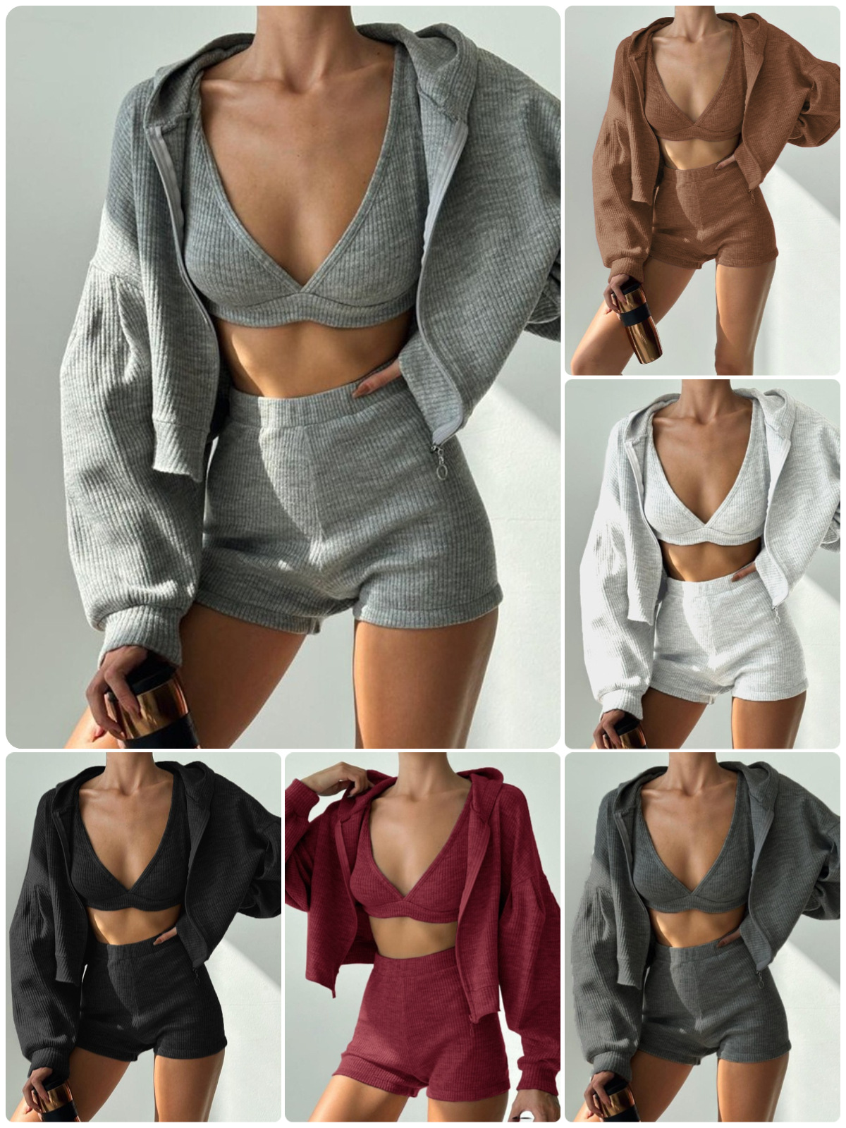 European And American Style Yoga Three-Piece Set With Hooded Cardigan
