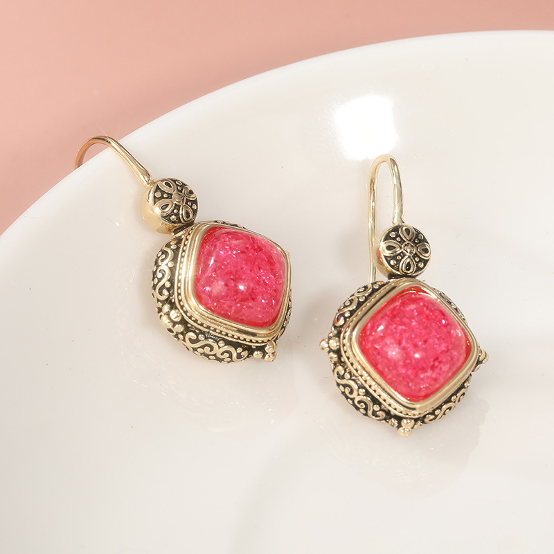 Vintage Rose Red Square Stone Drop Earrings