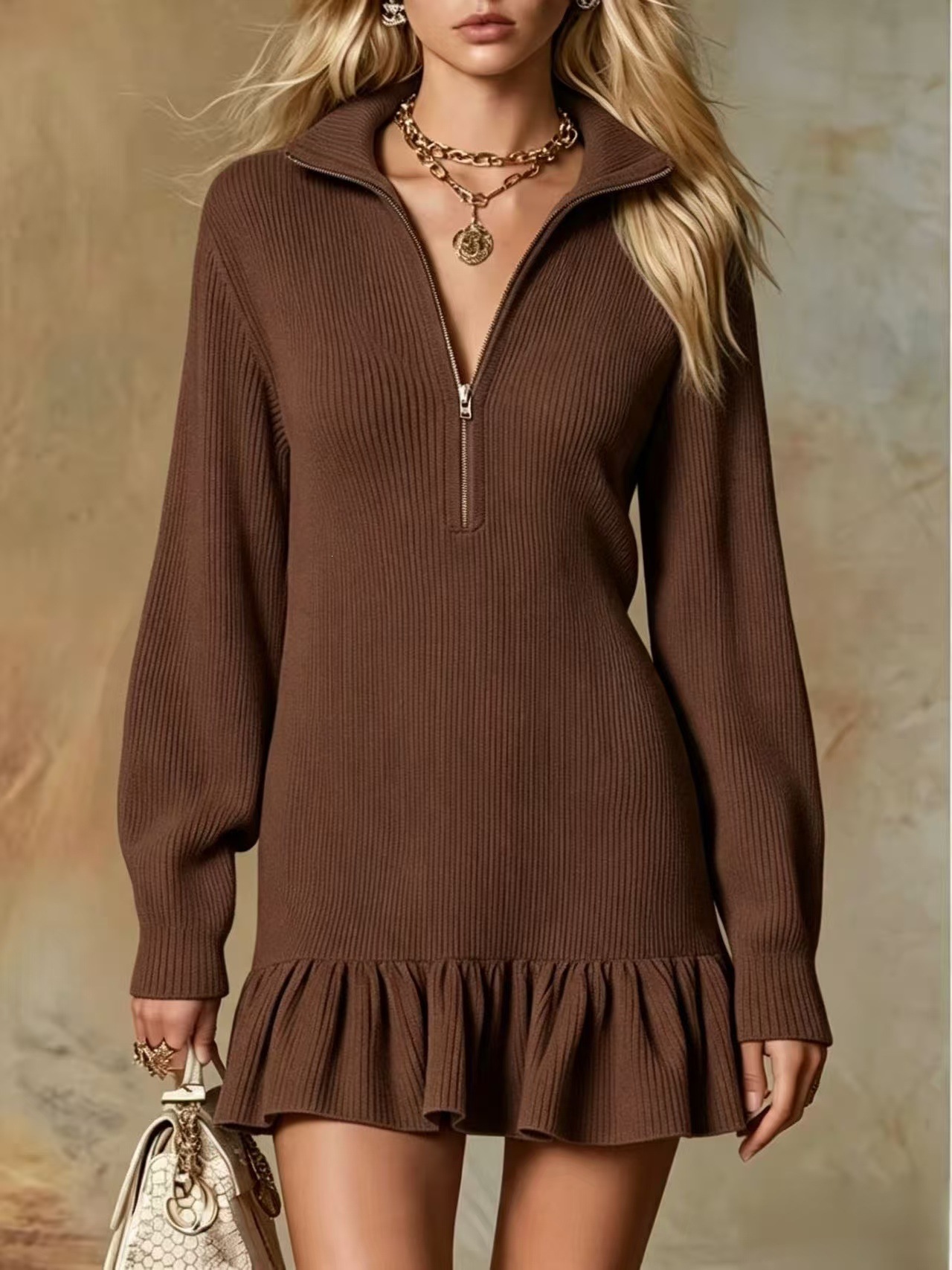 Robe femme côtelée à demi-zip et volant