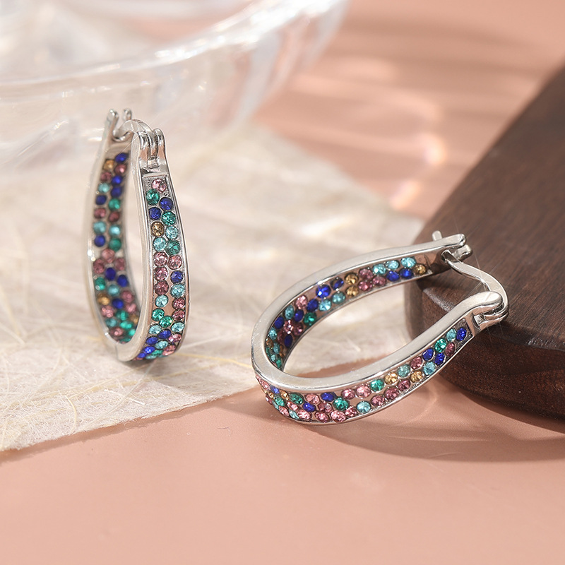 Colorful Crystal Turquoise Color Hoop Earrings Silver Tone Brass Women Party Fashion Jewelry Elegant Versatile 4