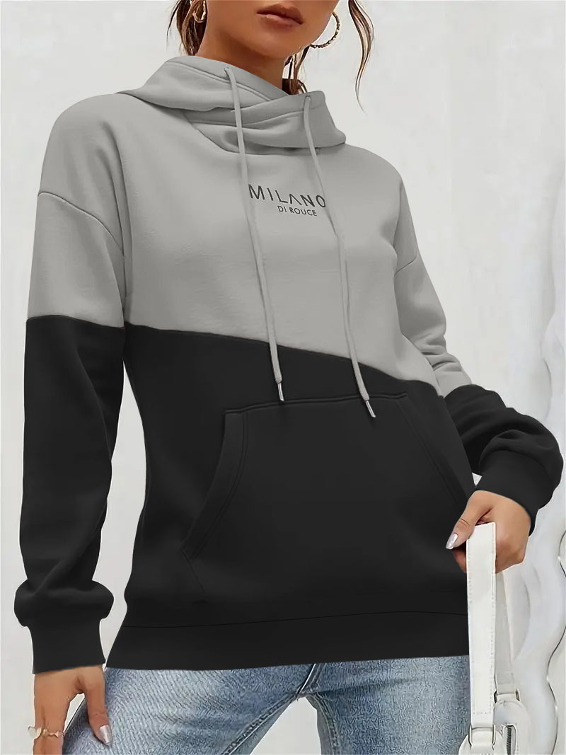 Women Color Block Hoodie Long Sleeve Letter Print Drawstring Sweatshirt Casual Pullover With Kangaroo Pocket