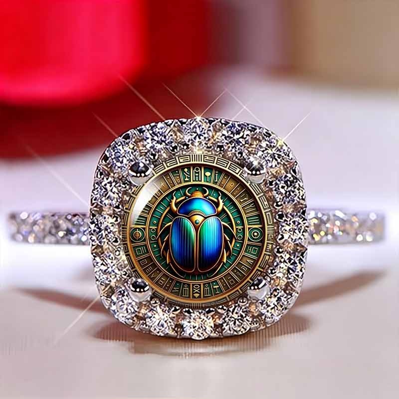 Inel vintage cu scarabeu din Egiptul Antic – bijuterie unisex de efect, cu cristal încrustat și aureolă mistică