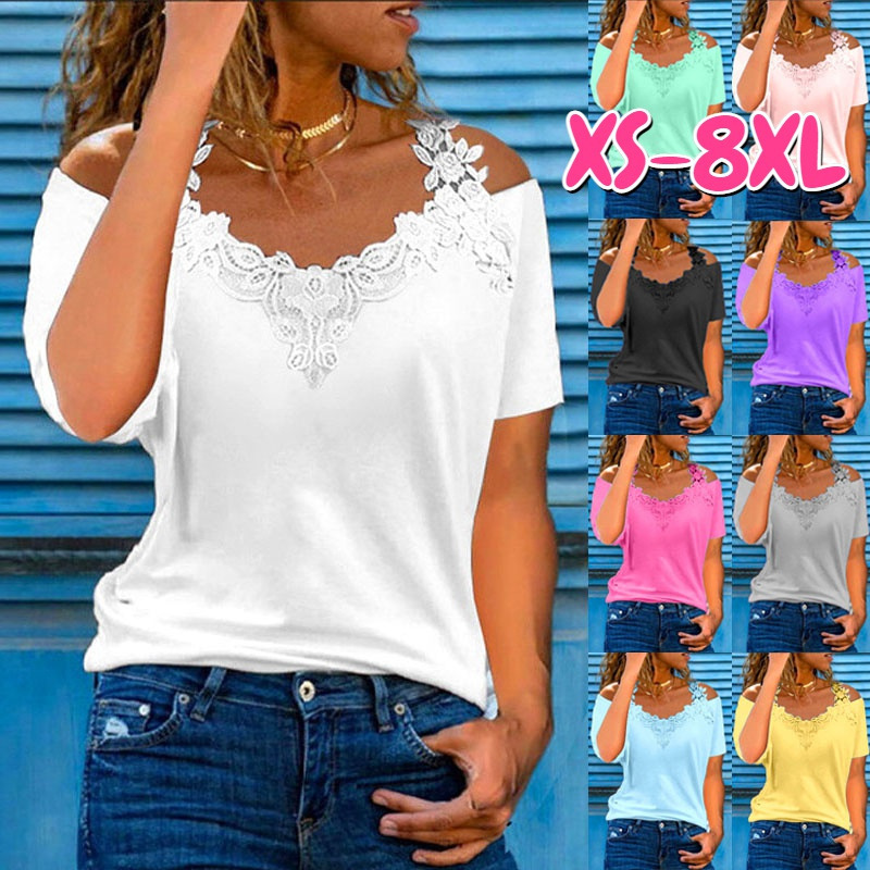 V-Neck Patchwork Short-Sleeved Lace Casual Loose T-Shirt