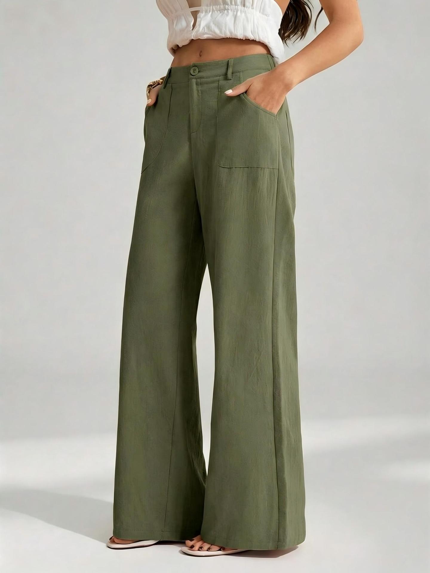 2026 New Style Women's Cotton Linen Wide Leg Pants, Mid Rise, Casual And Commuter Style, Solid Color With Pockets — image 2 of 17