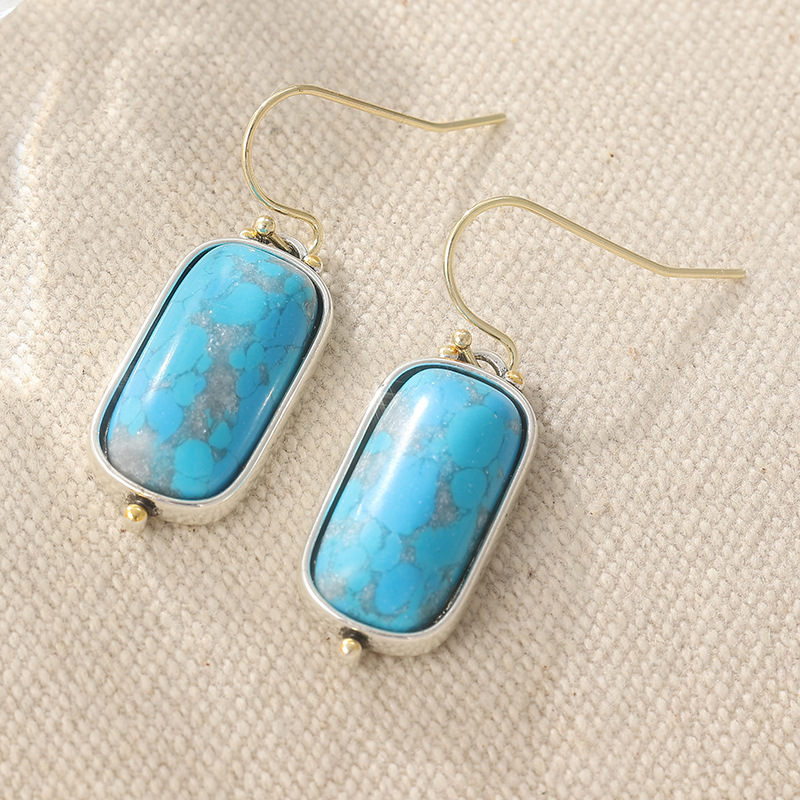 Vintage Blue Rectangle Stone Drop Earrings Gold