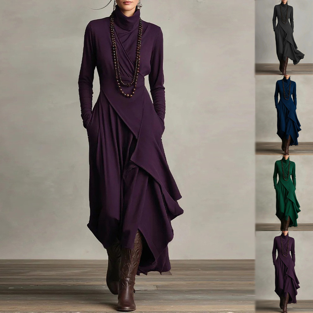 Amazon Cross-Border 2025 European And American Autumn And Winter New Women's Pure Color Long-Sleeved High-Neck Cross Asymmetrical Dress