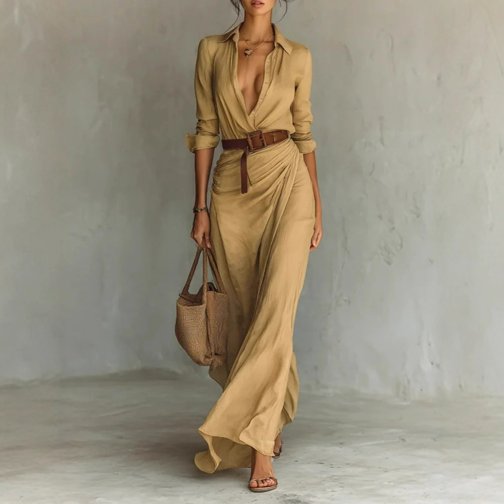 2026 Stație independentă Îmbrăcăminte de damă europeană și americană de toamnă Elegant Elegant Sexy Culoare pură Rochie plisată asimetrică cu curea