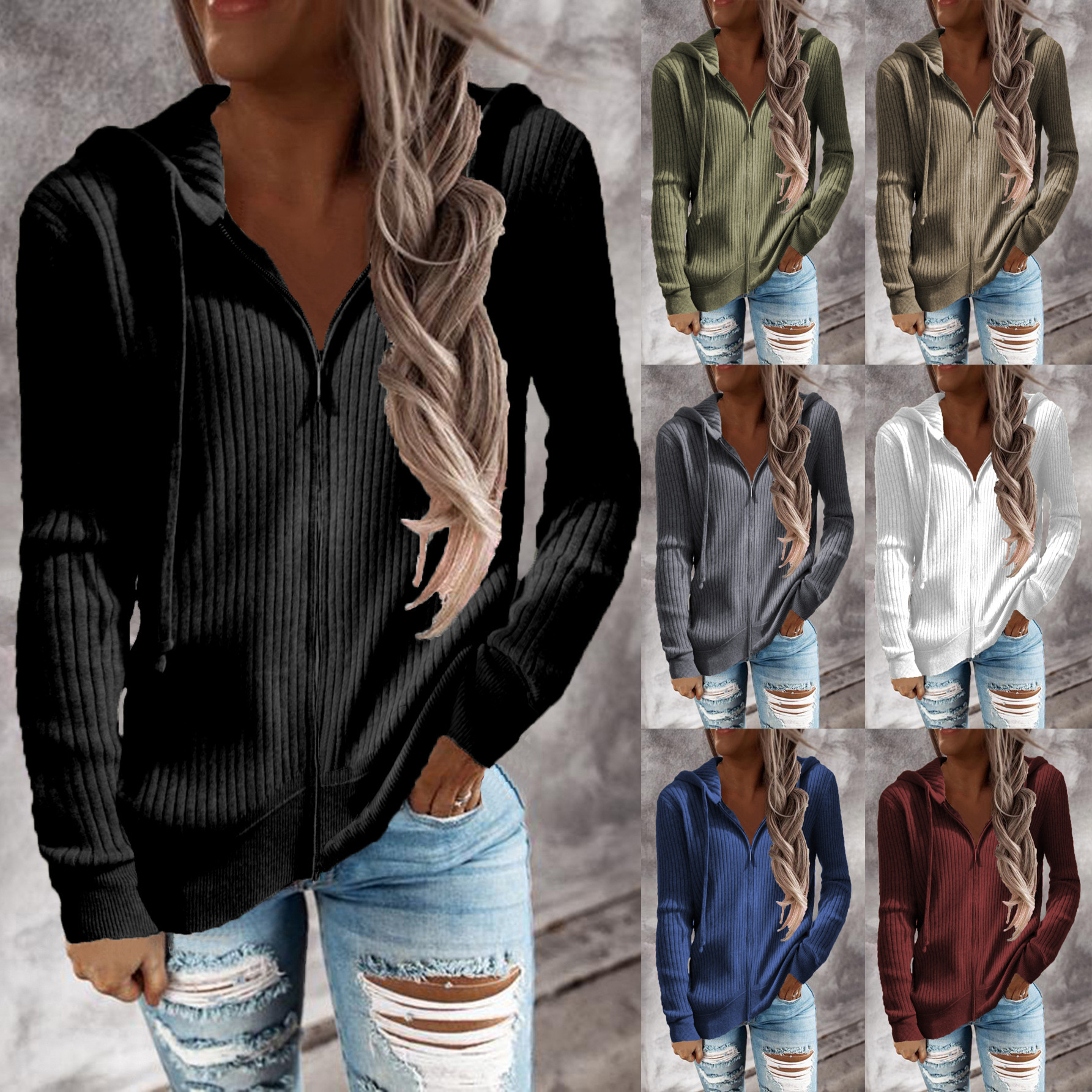 European And American Cross-Border Autumn And Winter New Thickened Casual Sweatshirt Loose Knitted Knitwear Zipper Cardigan Long-Sleeved Hooded Knitwear For Women