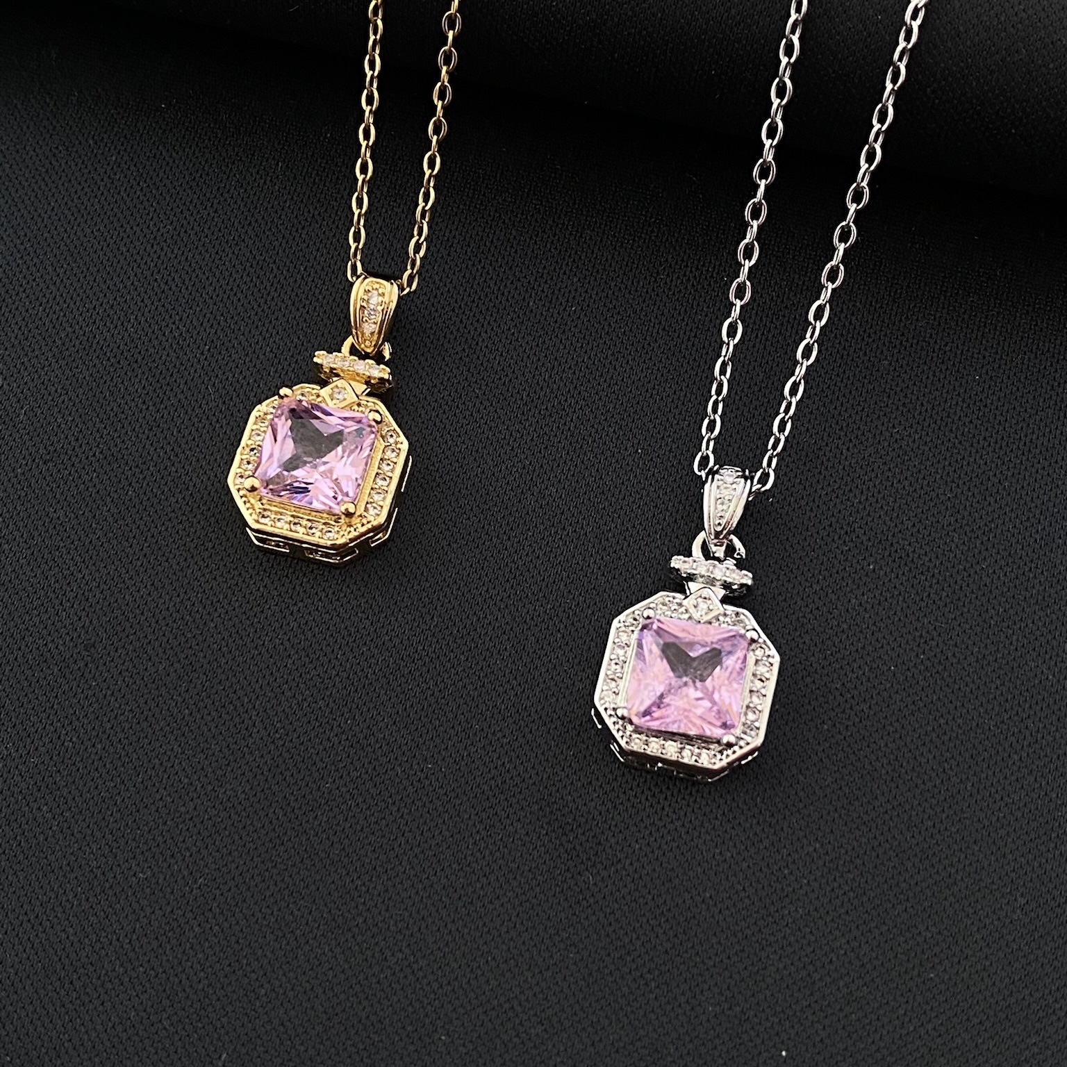 New Korean Style Pink Square Diamond Necklace