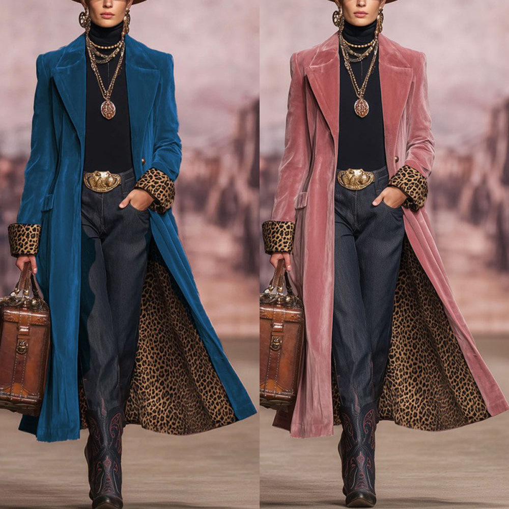 Independent Station 2026Autumn And Winter New European And American Cross-Border Contrasting Color Splicing Lace Gold Velvet Suit Long Jacket Women's Clothing