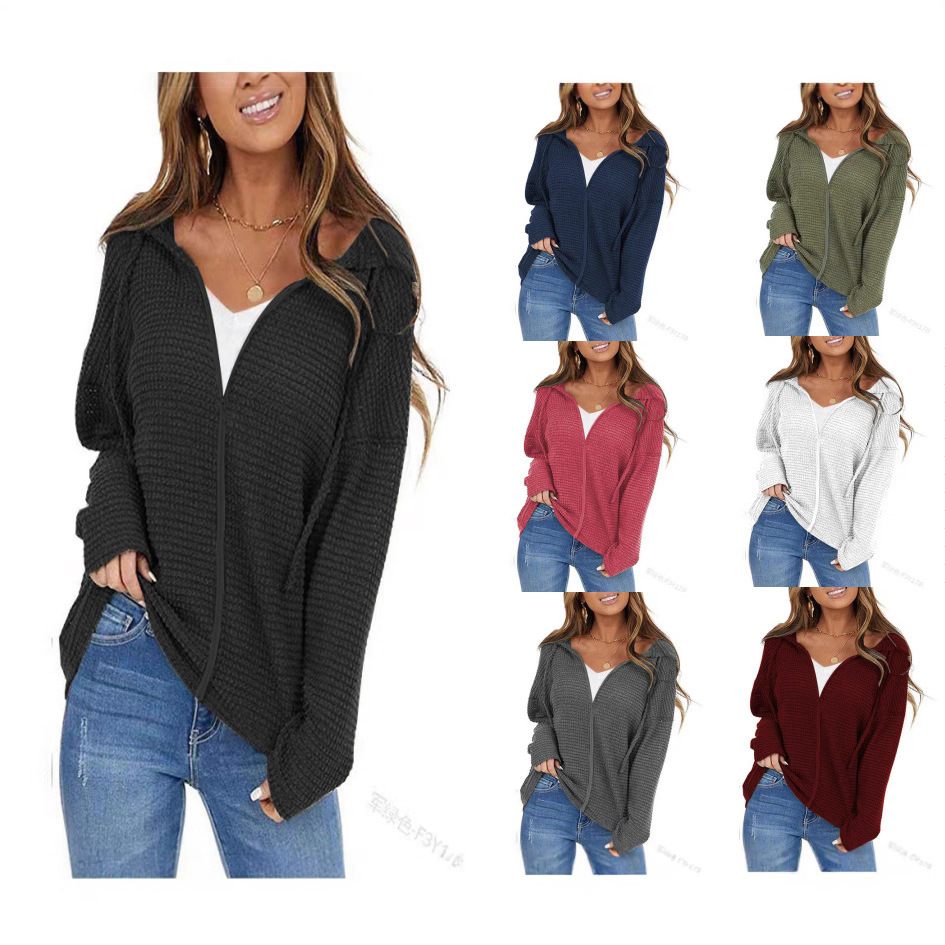 Women Waffle Knit Zip Up Hoodie Long