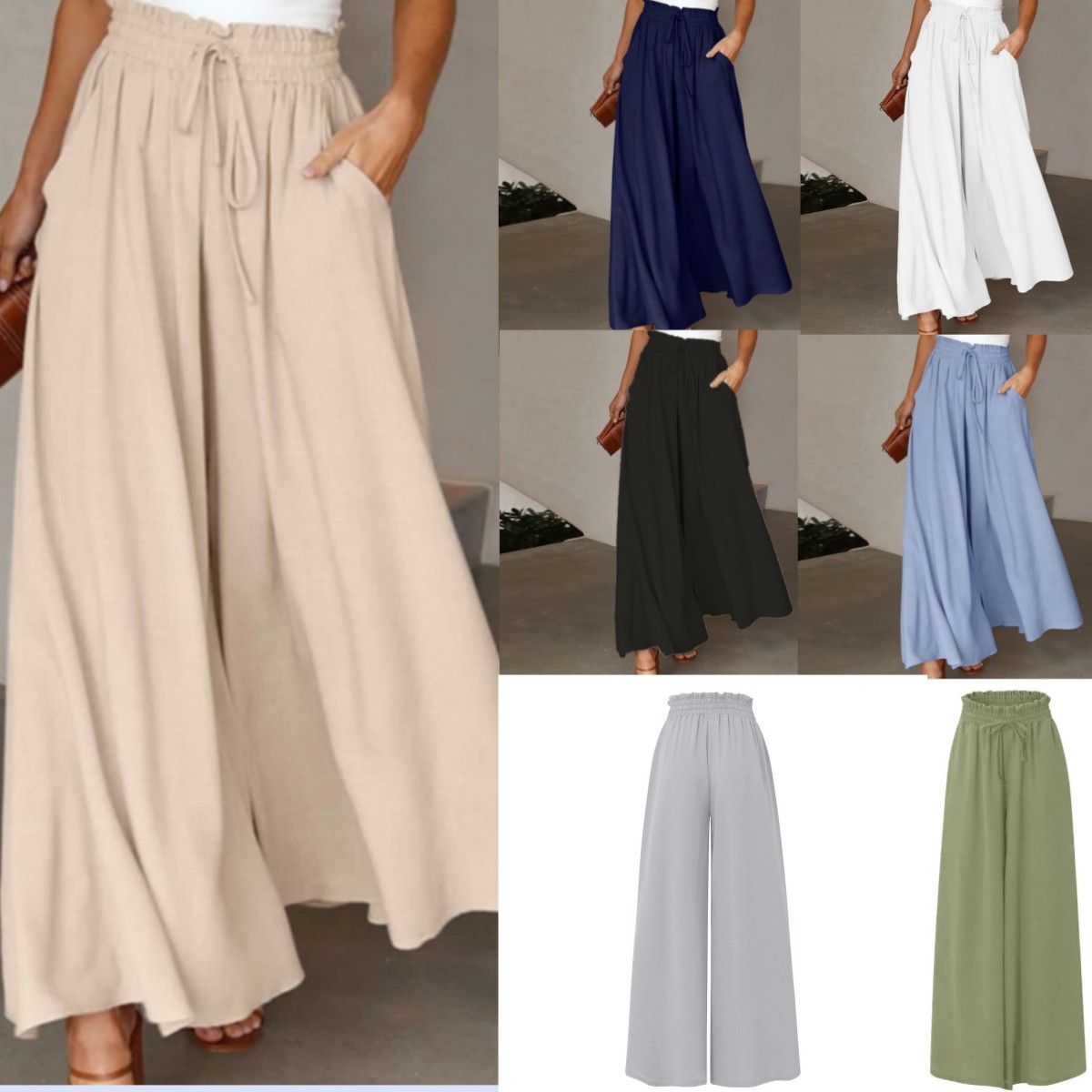 Pantaloni de vară transfrontalieri europeni și americani, noi, pentru femei, cu croi larg, curea elastică, talie înaltă și lungi, de tip culottes, pentru