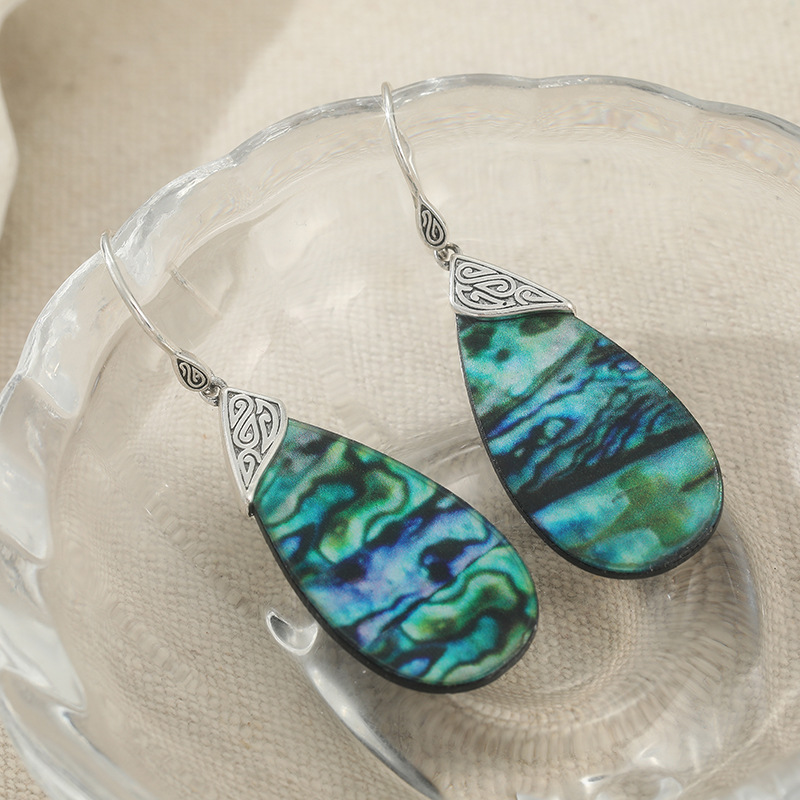 Vintage Iridescent Shell Teardrop Earrings Silver Tone