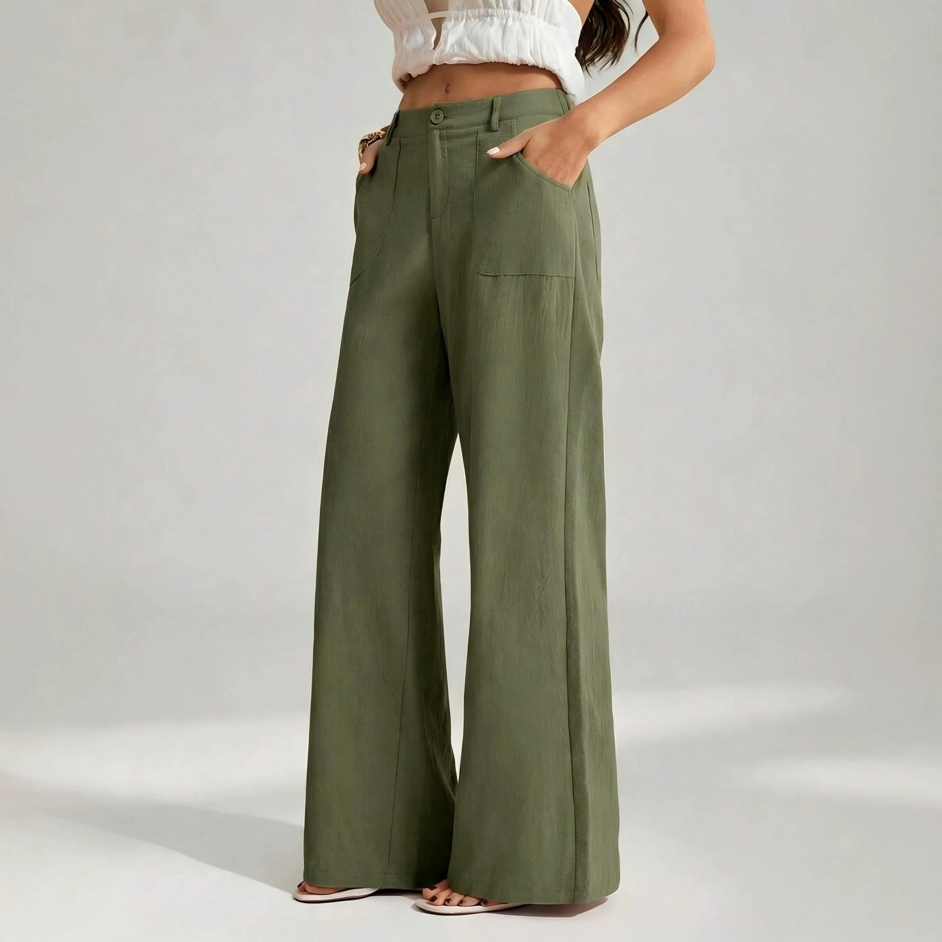 2026 New Style Women's Cotton Linen Wide Leg Pants, Mid Rise, Casual And Commuter Style, Solid Color With Pockets — image 8 of 17
