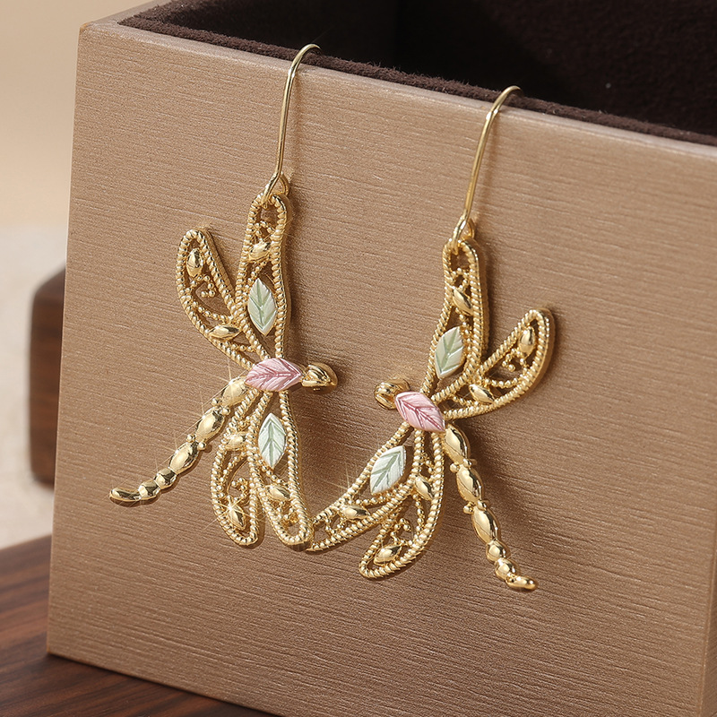 Vintage Dragonfly Drop Earrings Gold Tone – image 1