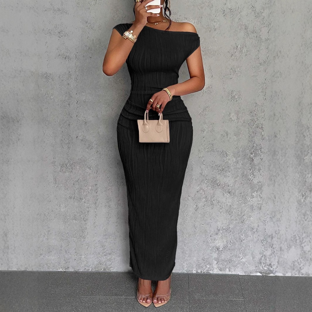 2025 Amazon Independent Site New Cross-Border Cute And Fashionable Water Ripple One-Shoulder Dress In Stock