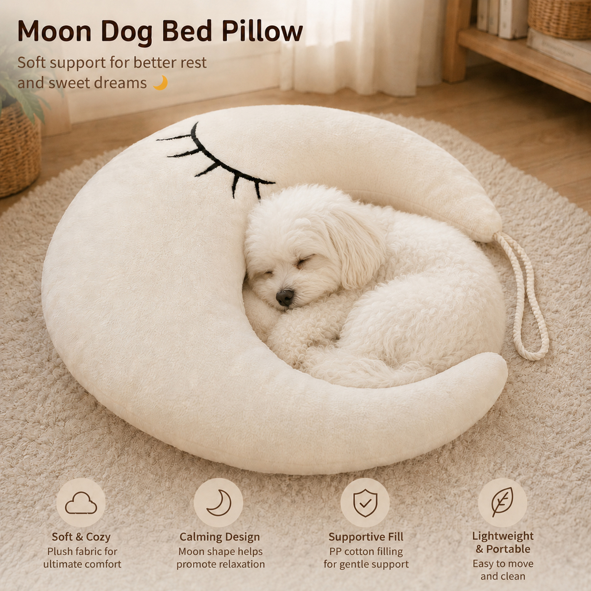 Moon Shaped Dog Bed Pillow Soft Skin Friendly Comfortably Supportive, With A Portable Hanging Design And Embroidered Detailing Perfect For Your Dog Sleep.
