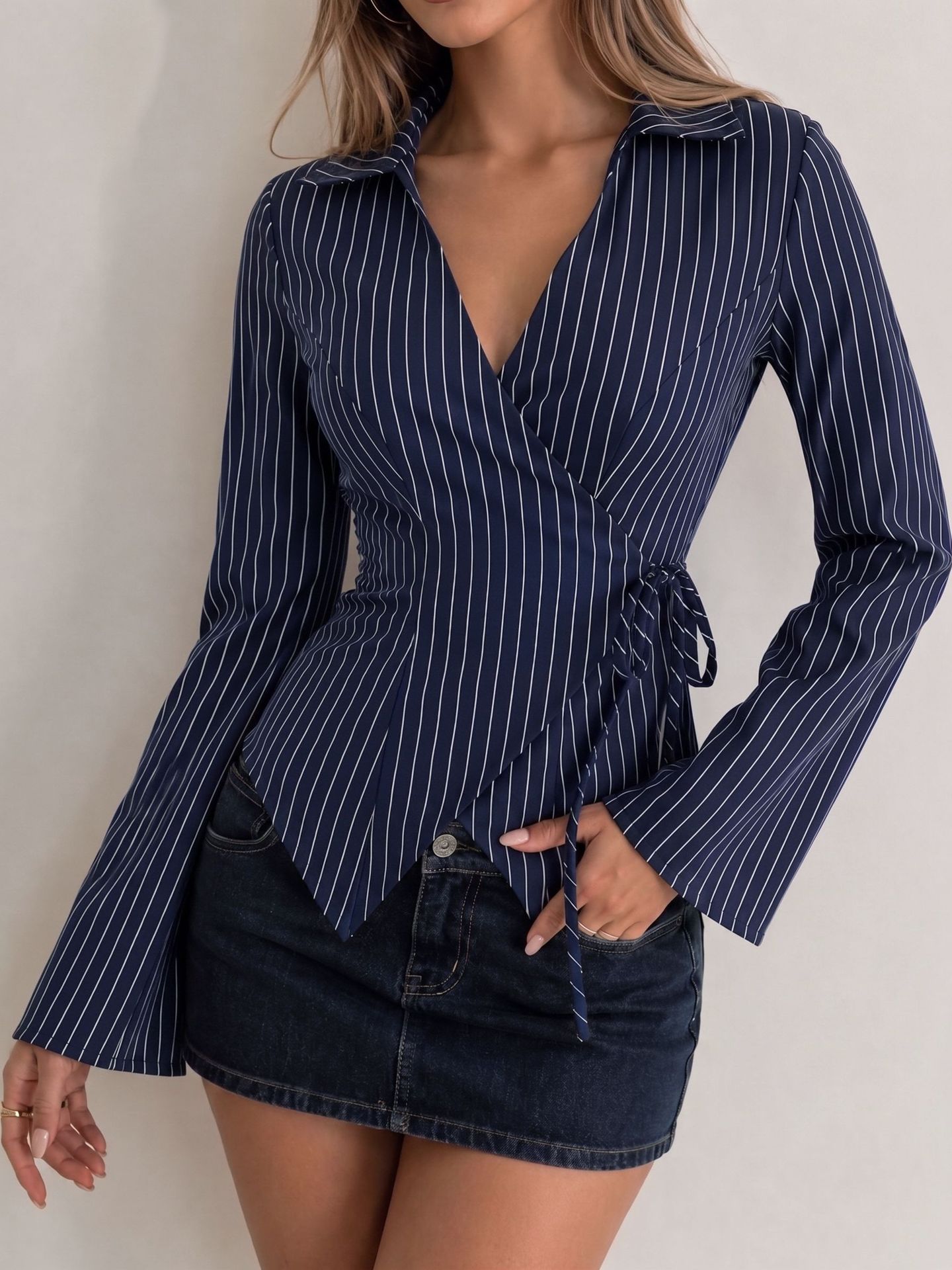 European And American Cross-border Amazon 2026 Autumn New Style Collared, Waist-cinching, Tie-dye, Contrasting Stripe, Bell-sleeve, Long-sleeve Shirt