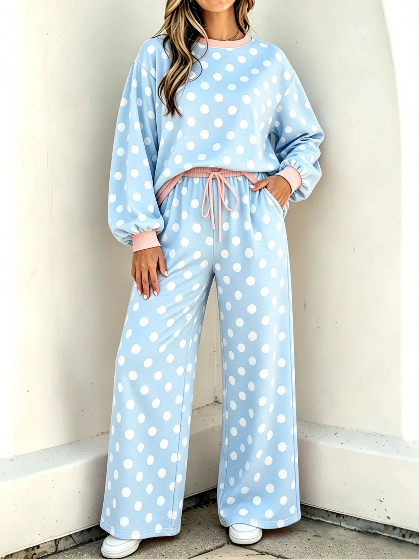 2026 Winter New European And American Cross-Border Casual Simple Style Elastic Band Polka Dot Print Loose High-Waisted Pants Set For Women