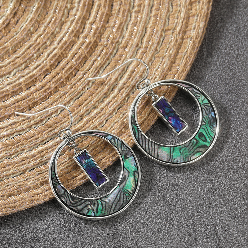 Vintage Abalone Circle Drop Earrings Silver Tone Brass Women Boho Geometric Dangle Party Daily Jewelry