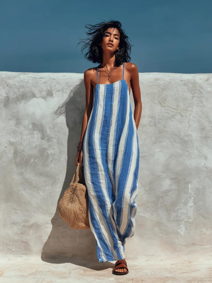 Women's Summer Striped Spaghetti Strap Jumpsuit Sleeveless Elegant Loose Casual One Piece