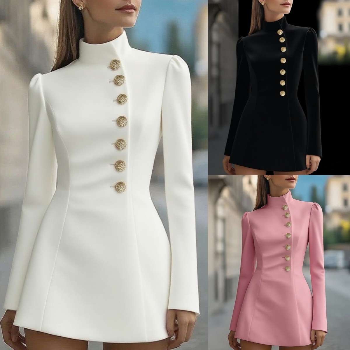 2025 Amazon Aliexpress New Autumn Elegant Slim-Fit Solid Color Short-Sleeve Stand Collar Single-Breasted Dress
