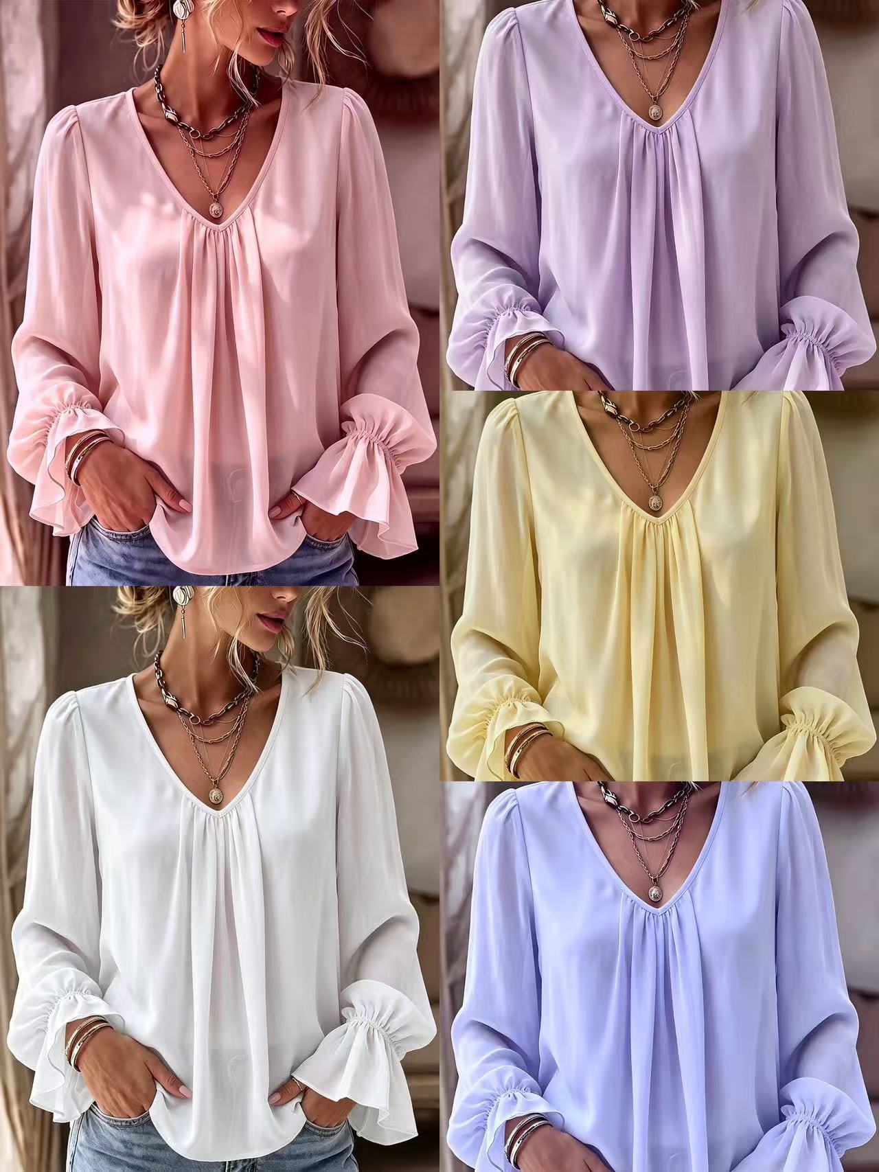 European And American Cross-Border Versatile V-Neck Pleated Elegant Loose Solid Color Long-Sleeve Shirt For Women, Direct From The Factory