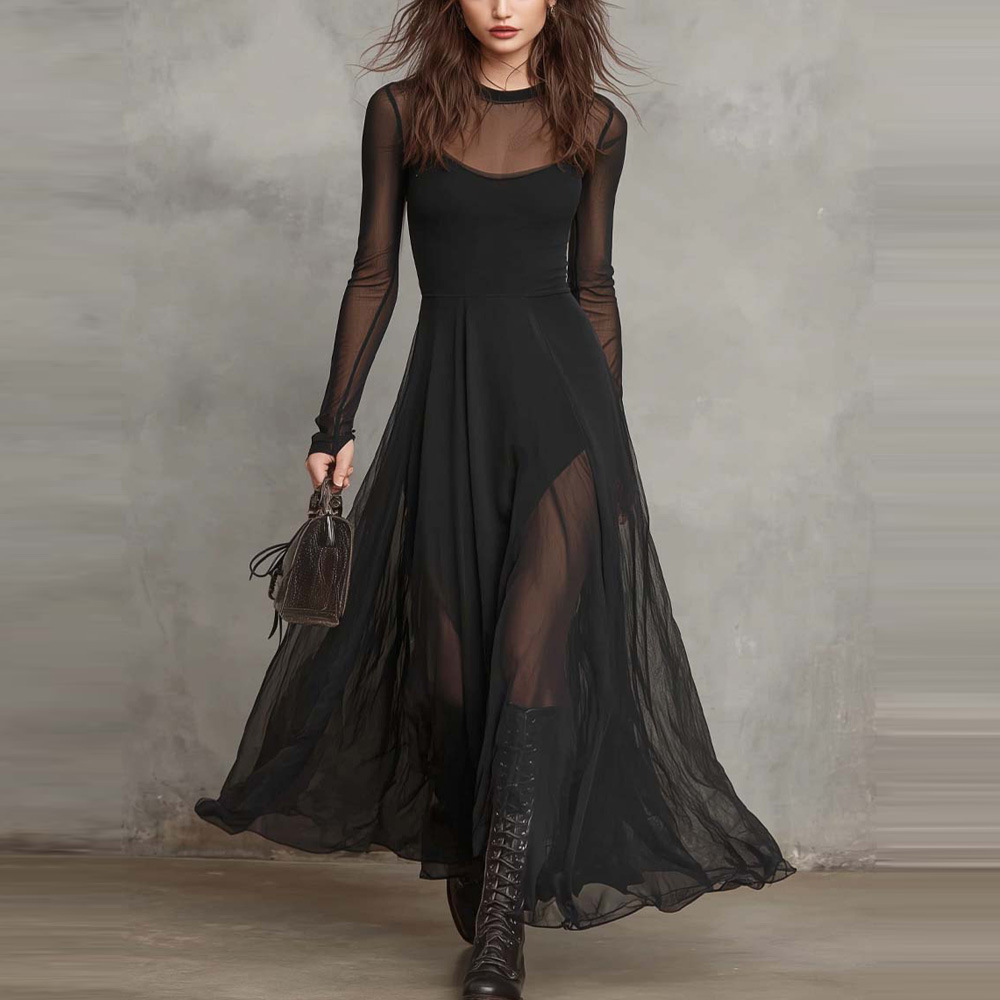 Amazon Fashion Elegant Dress For Women 2026 Autumn And Winter European And American Style Elegant Spliced Long-Sleeve Mermaid Dress