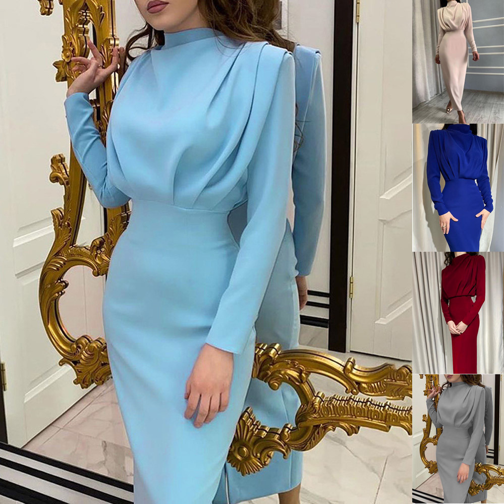 European And American Foreign Trade 2024 Autumn Cross-border New Fashion Temperament Waist Western Style Solid Color Long Sleeve Dress Wholesale