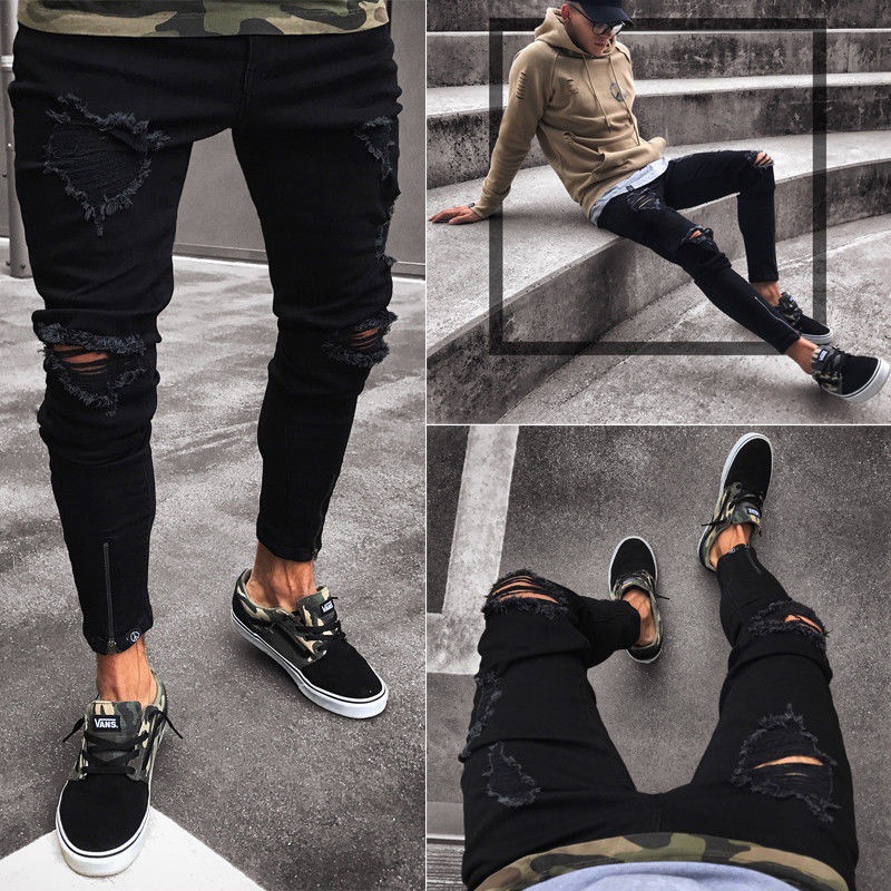 Cross-border Jeans Men's Wish New Black Ripped Stretch Zipper Men's Skinny Pants European And American Fashion