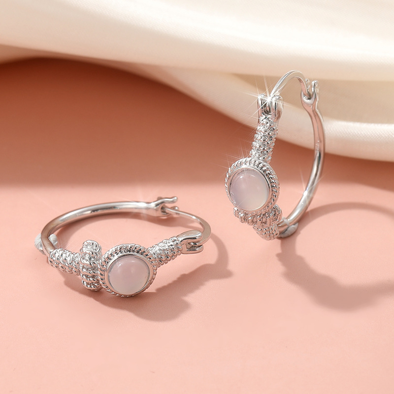 Elegant Blush Stone Hoop Earrings Silver Tone Brass Women Crystal Party Fashion Jewelry Sparkling Versatile