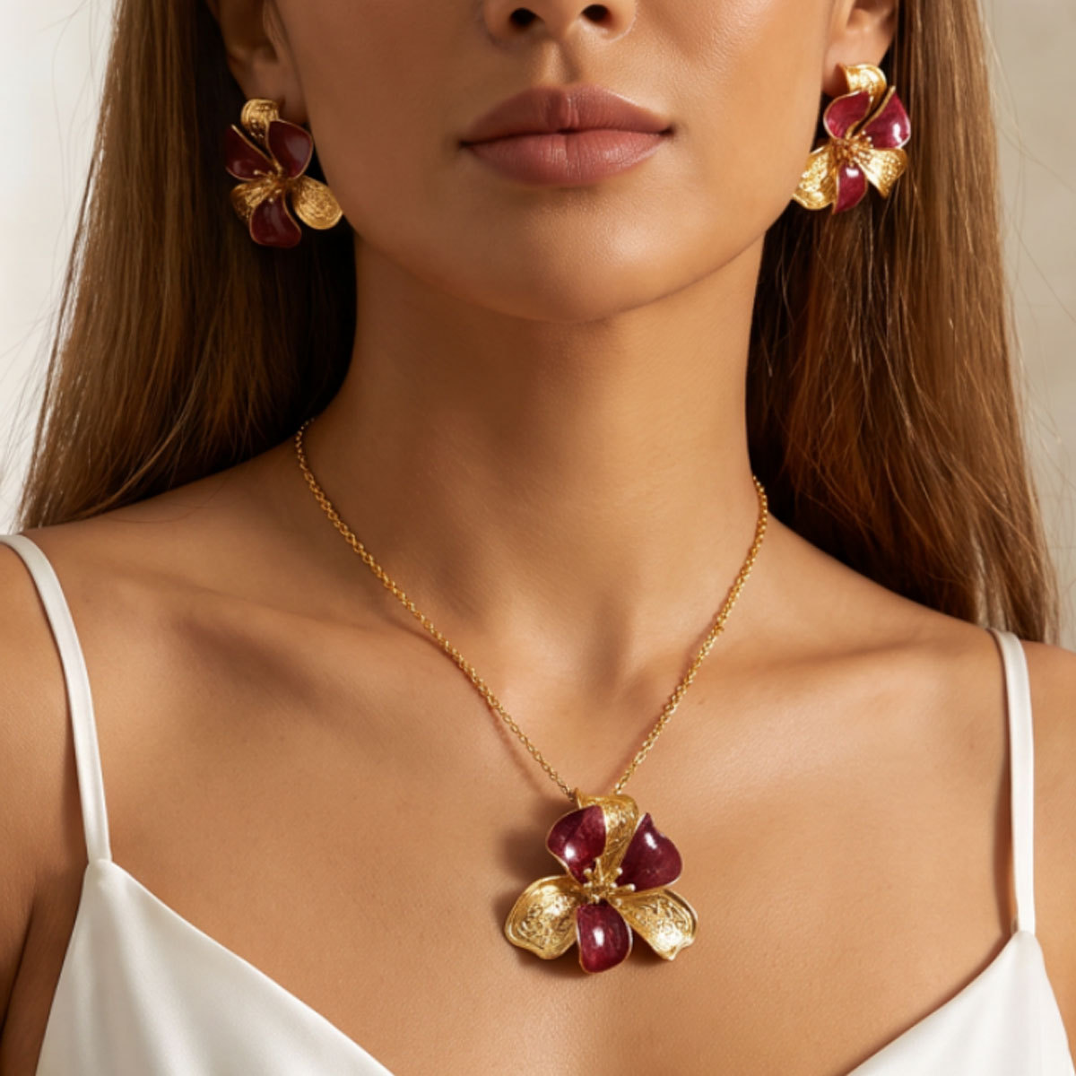 Cross Border European And American Style Jewelry Geometric Floral Drop Earrings, Versatile And Elegant Necklace Jewelry Set For Women