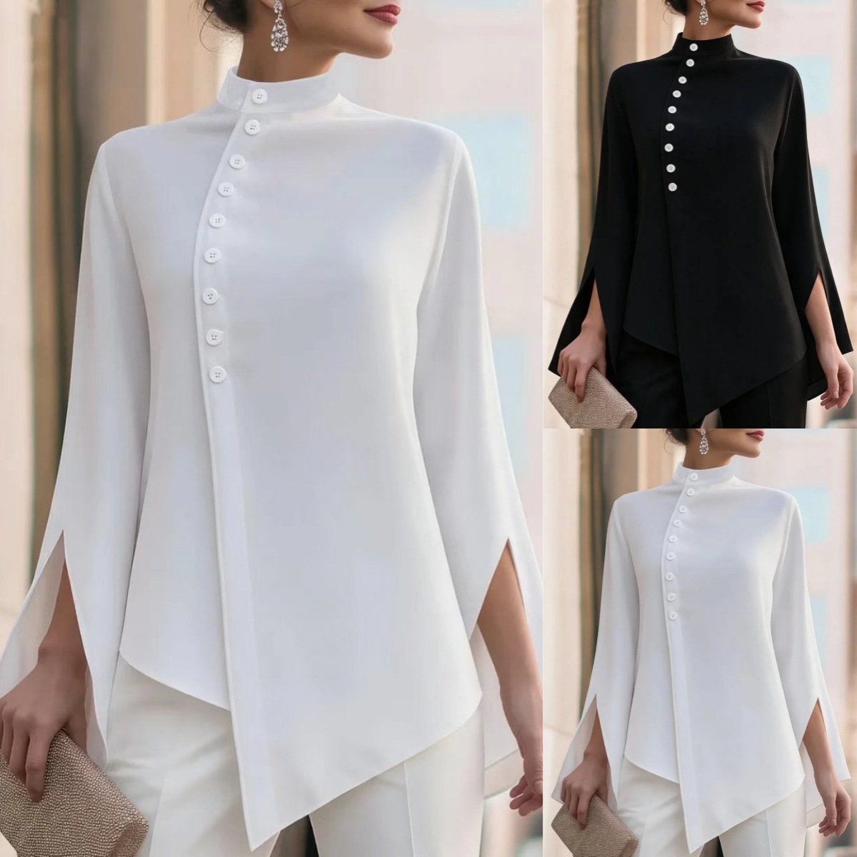 Cămașă cu guler înalt, nasturi, cu tiv neregulat, fantă și mâneci clopot, bluză elegantă pentru navetă
