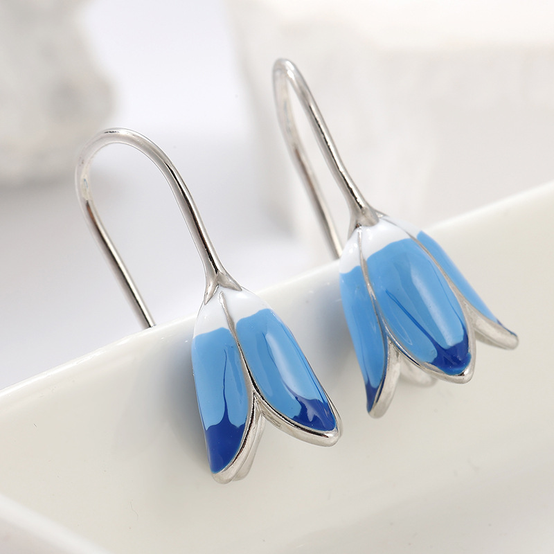 Blue Enamel Flower Drop Earrings Silver Tone