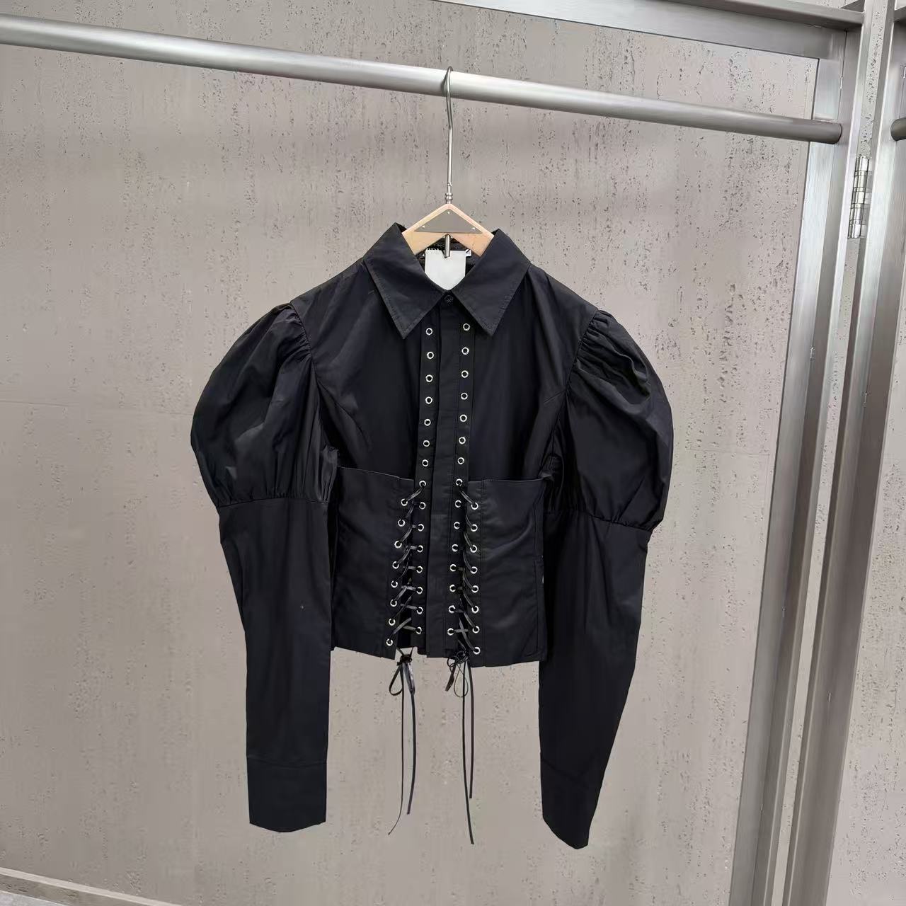 Puff Sleeve Corset Lace-Up Cropped Shirt