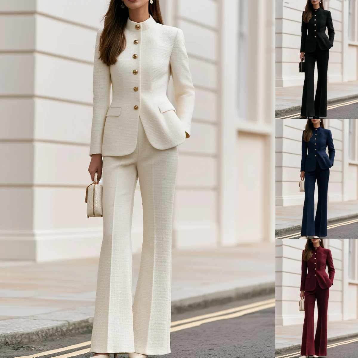 Set nou de costume chic în stil Chanel, guler cu nasturi de aur, pantaloni ușor evazați în formă de Slim Fit, set din două piese