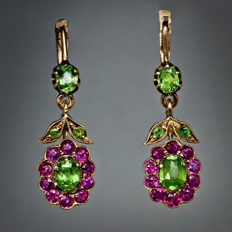 Vintage Green Rose Crystal Drop Earrings Gold Tone Alloy Women Floral Party Fashion Jewelry Elegant