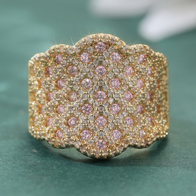 Inel de lux cu bandă lată, din cristal roz, în nuanță aurie, din alamă, cu pavaj de cristale – bijuterie de seară pentru femei, cu design statement, la modă