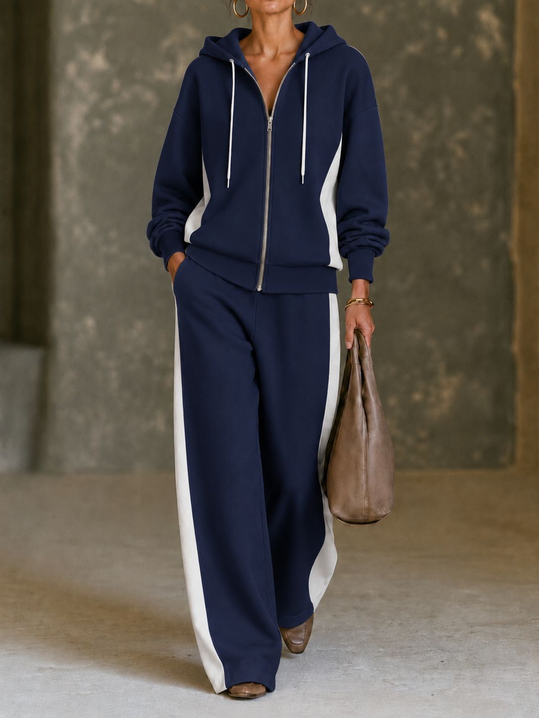 Women 2 Piece Tracksuit, Color Block Zip Up Hoodie & Wide Leg Pants Set, Casual Sweatshirt Jogger Outfit For Fall Winter