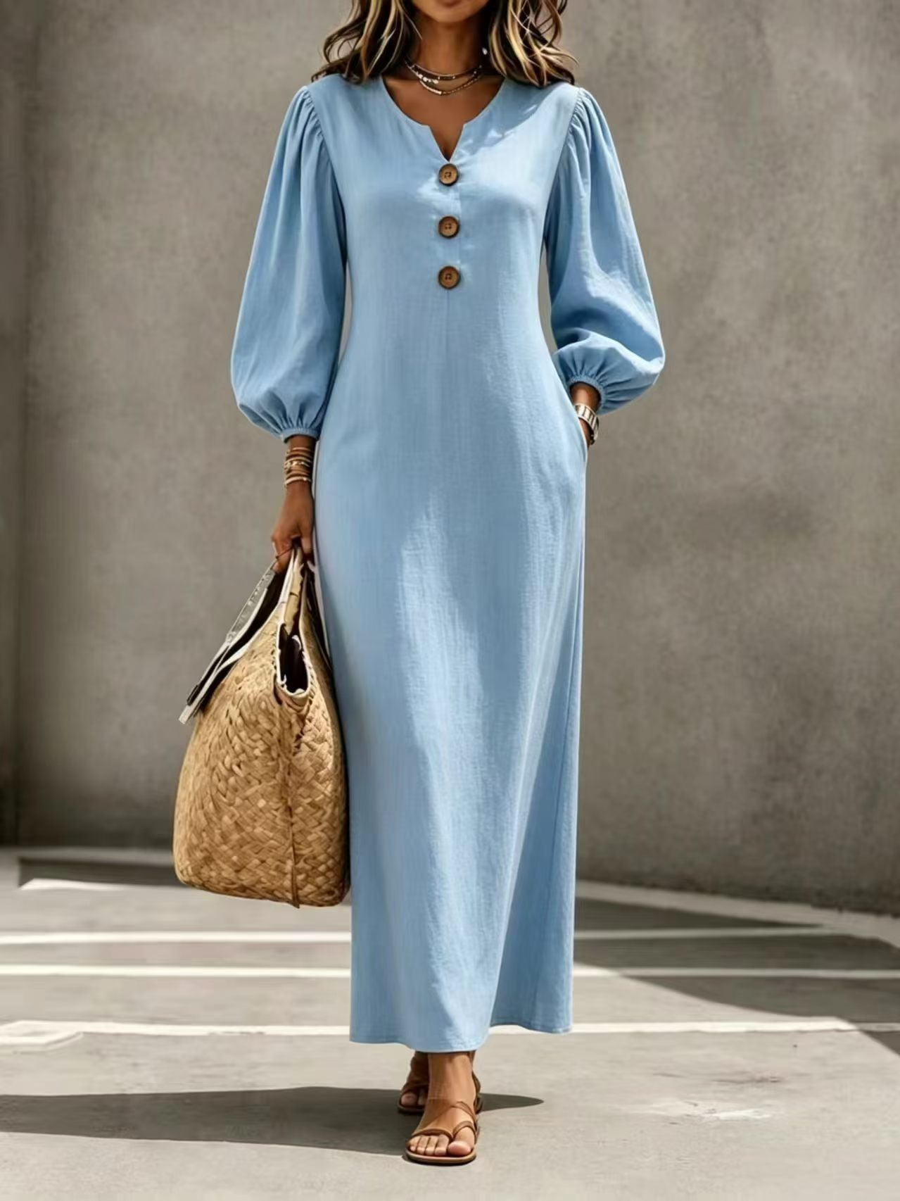 Women's European And American Style V-Neck Button Puff Sleeve Loose Casual Long Dress, Flattering And Belly-Covering, Perfect For Vacation