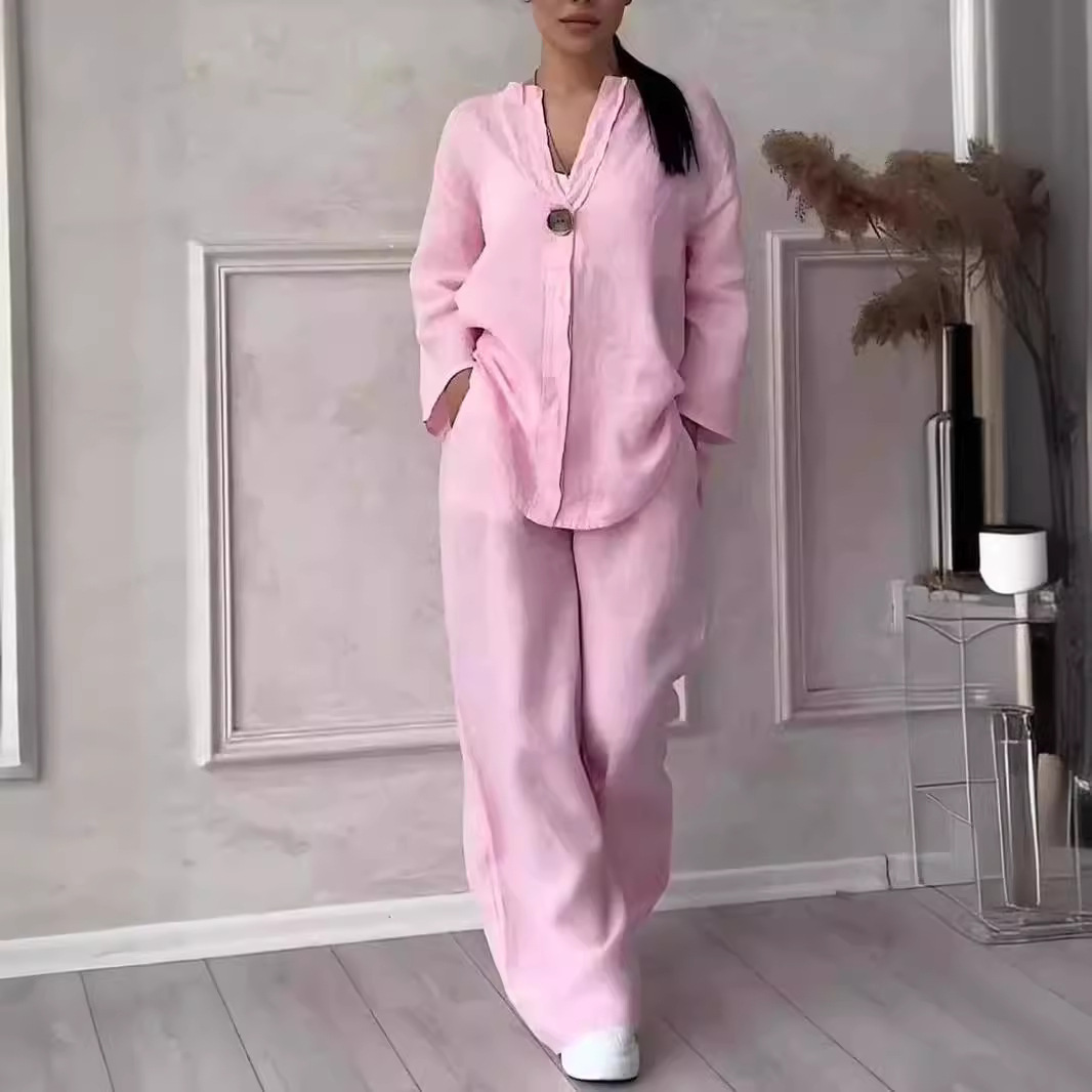Cross-Border Foreign Trade Amazon Fashion European And American Women's Clothing Comfortable Loose Tops Wide-Leg Pants Casual Cotton And Linen Suits