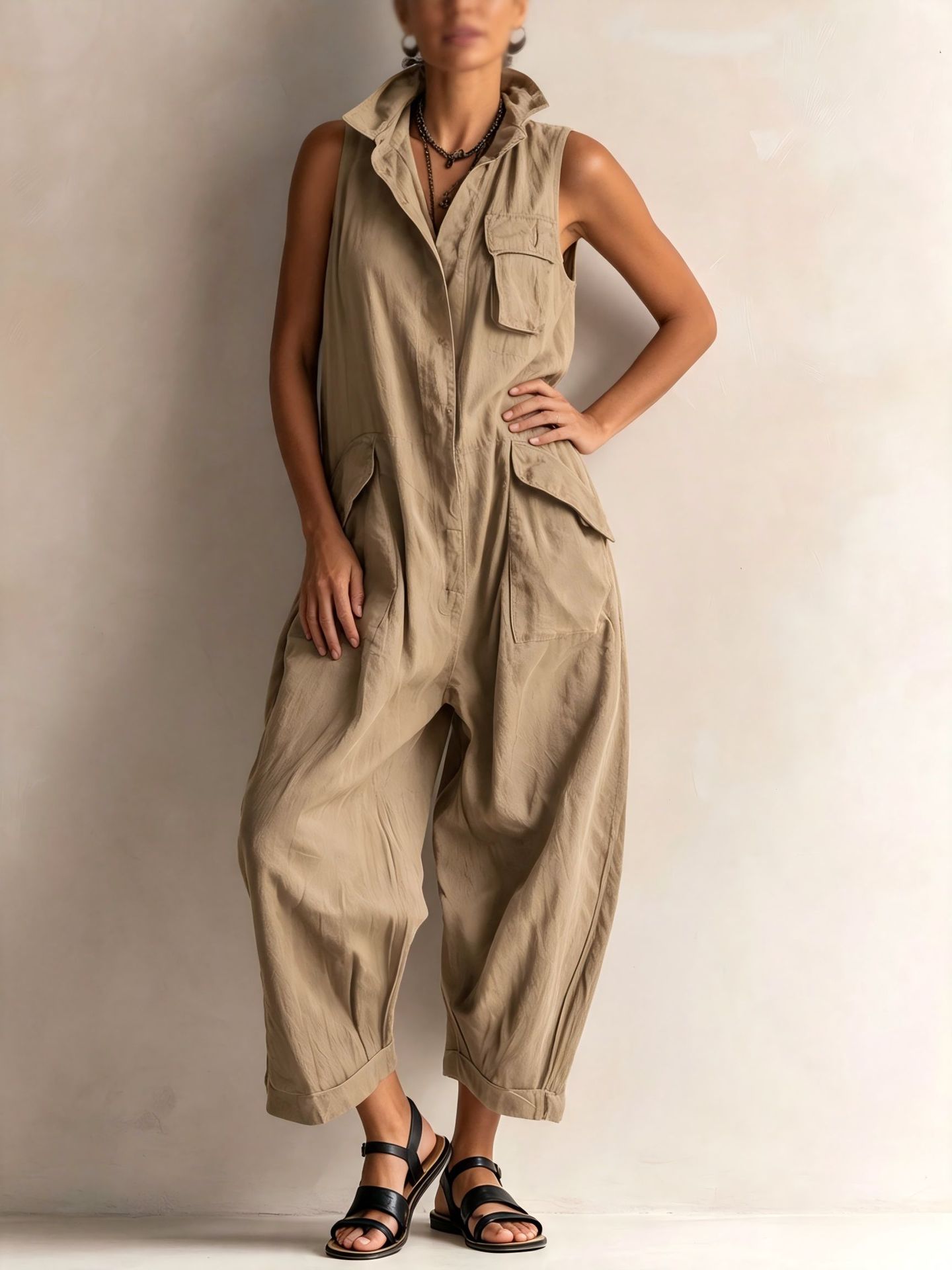 Women's khaki sleeveless cargo jumpsuit – earthy neutral color option