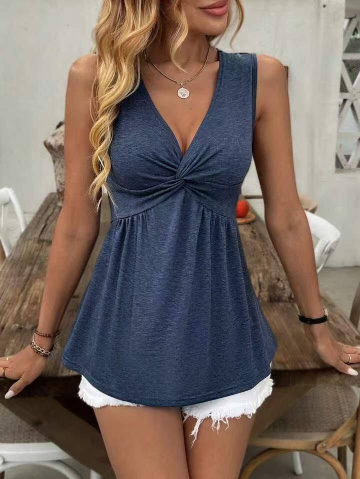 2026 European And American Sleeveless V-neck Design With A Twisted And Wrinkled Chest, Waist Cinching Vest, Women's T-shirt