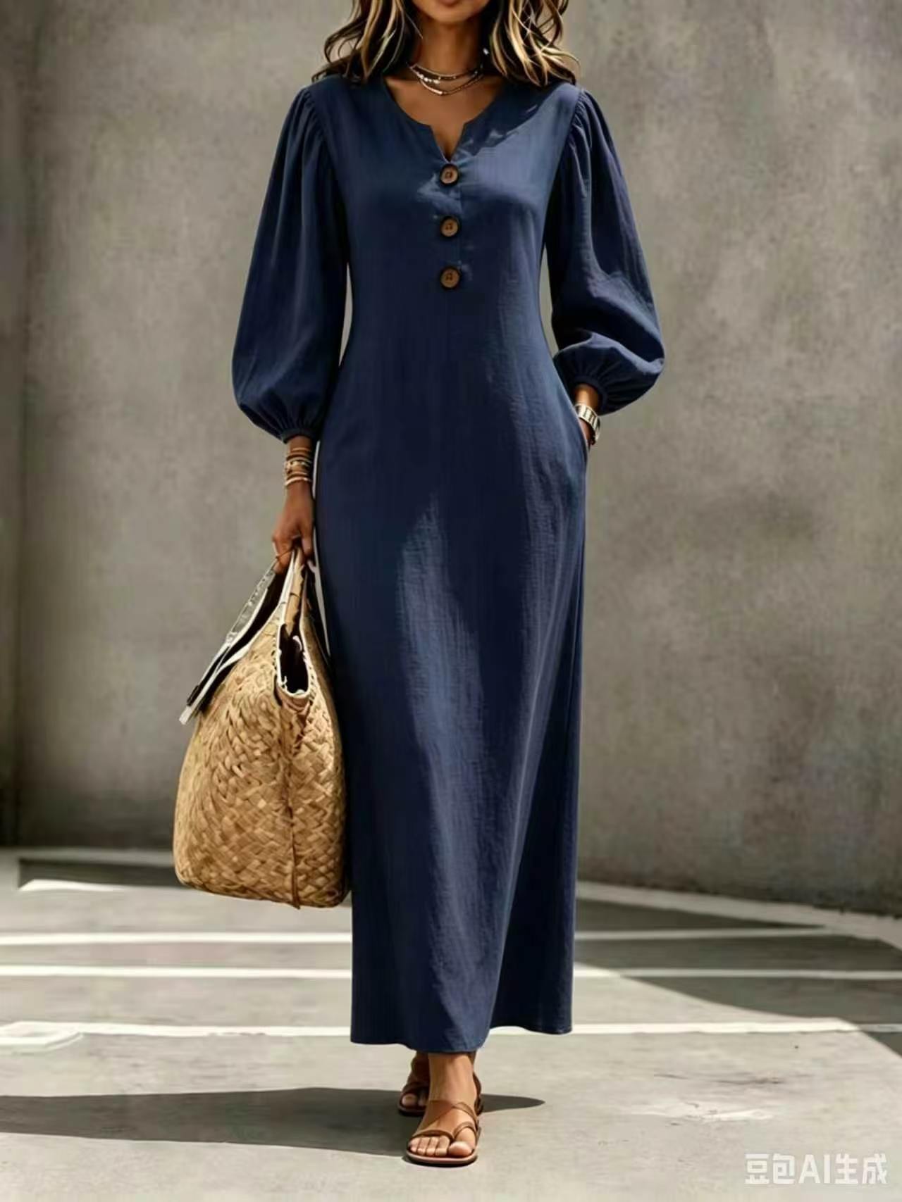Women's European And American Style V-Neck Button Puff Sleeve Loose Casual Long Dress, Flattering And Belly-Covering, Perfect For Vacation