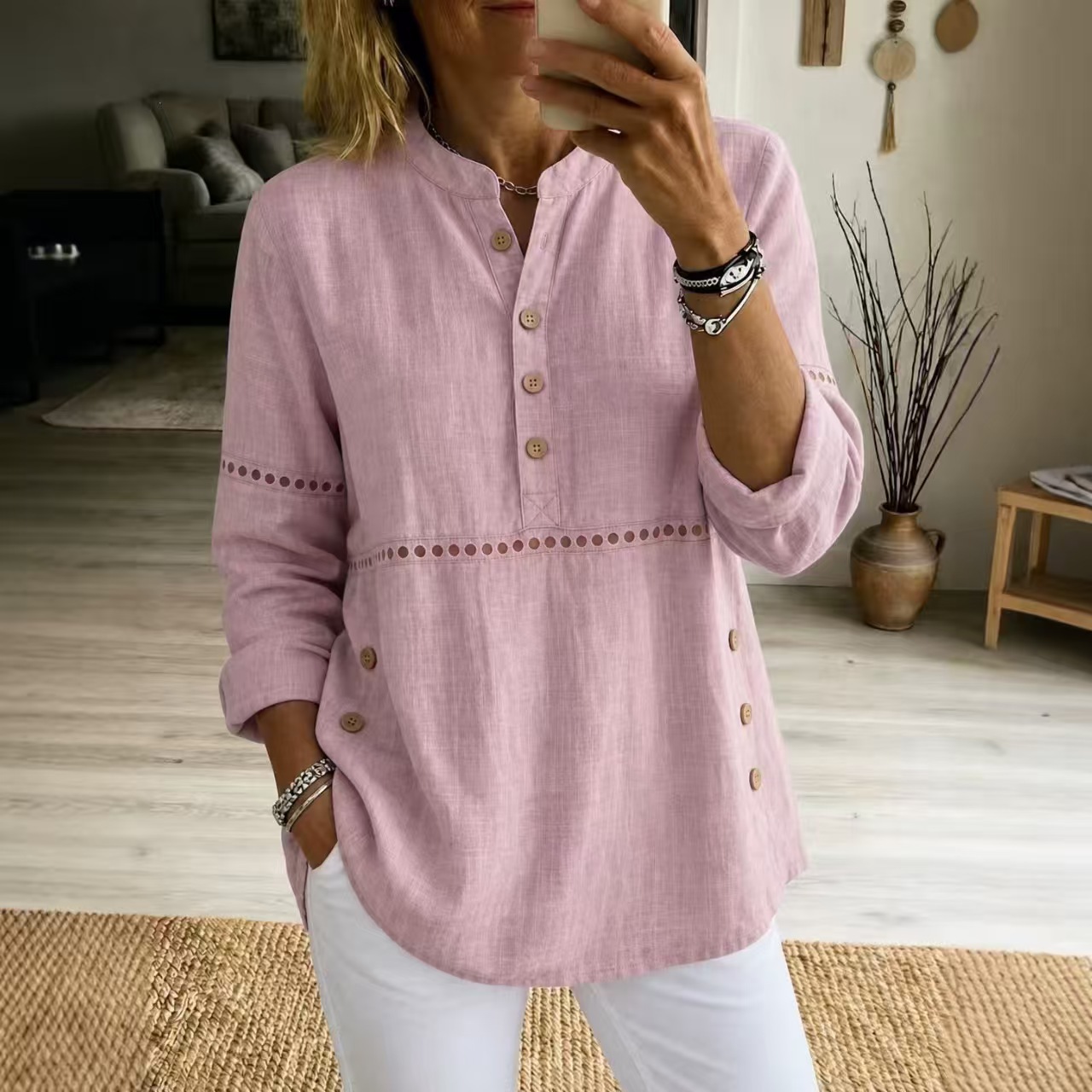 New Autumn And Winter Women's Clothing  Stand-up Collar Half-open Front Long-sleeved Top With Side Button Closure Loose Fit Casual Solid Color
